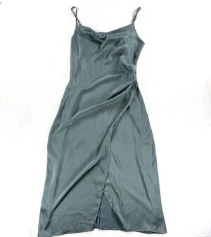 Molly Green Sage Green Satin Faux Wrap Cowl Midi Dress M